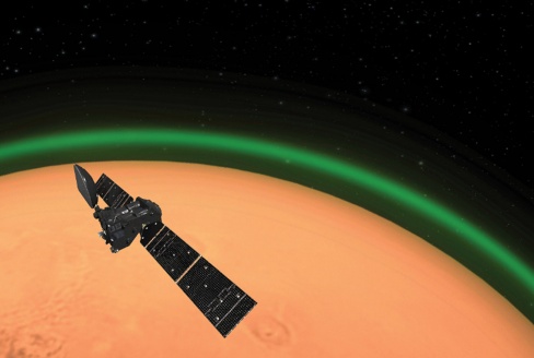 Artist Impresión of ESA’s TGO detecting Green Glow of Oxygen. Credits: European Space Agency 