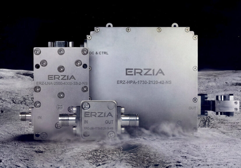ERZIA RF Amplifiers sitting on an illustration of the moon's surface