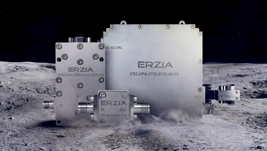 ERZIA RF Amplifiers sitting on an illustration of the moon's surface